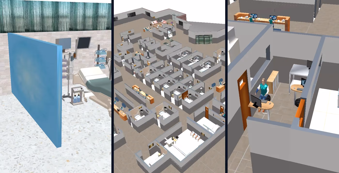 Three Simcad Pro 3D healthcare simulation views: a patient ward, a clinic floor plan, and an imaging suite